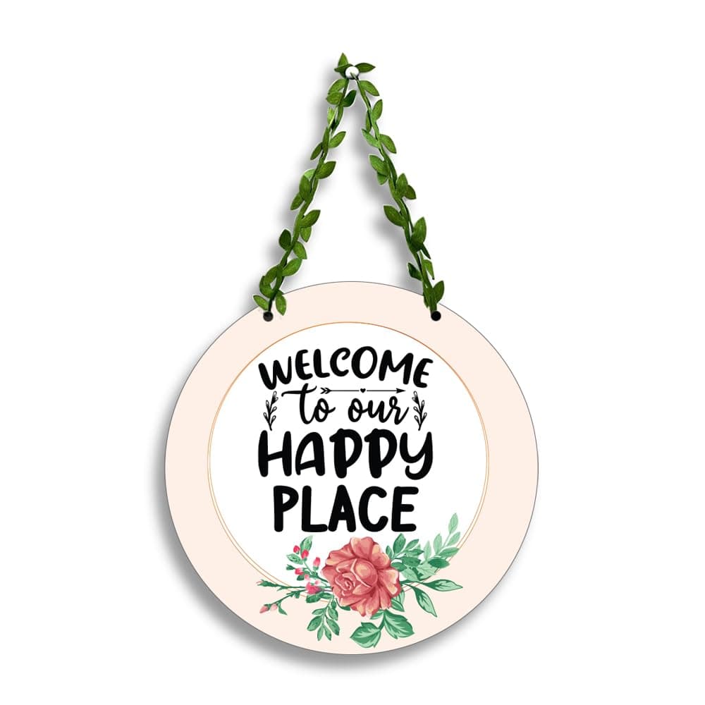 Kaameri Bazaar Wooden Wall Hanging Decor | Wall Hanging Decoration Welcome To Our Happy Place for Home | Door Hanging | Home Decor Items | Office & Living Room, 33 cm