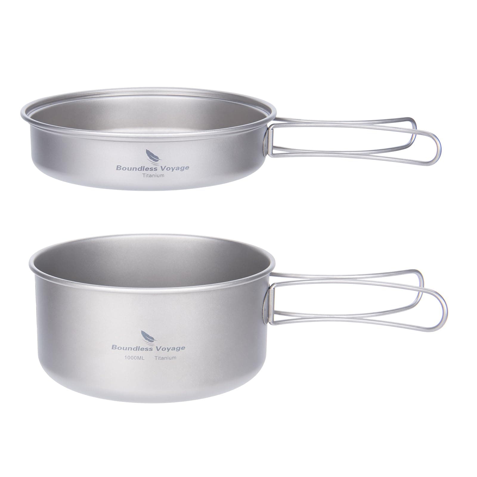 Pure Titanium Pot Pan Set 1000ml+500ml Ultralight 213.5g Camping Cookware for 1 Person with Foldable Handle & Mesh Bag, Fits G2 Gas Canister, Portable for UK Hiking Picnic Backpacking Ti2042C