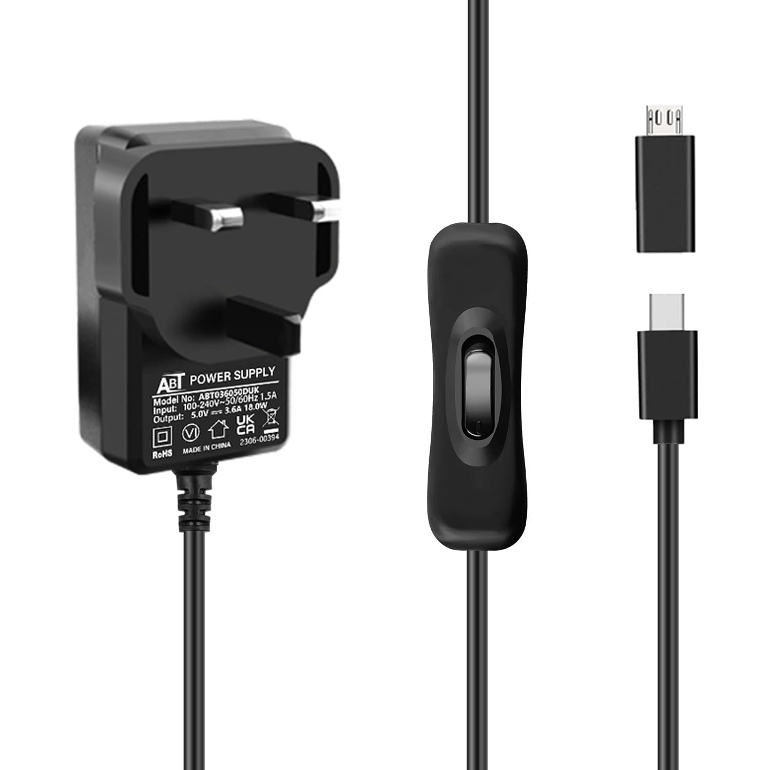 USB-C Power Supply UK Plug for Raspberry Pi 4 With On/Off Switch,5V 3.6A Type C PSU with Micro USB Adapter for Raspberry Pi 4B/3B+/3B/Orange Pi 5 /5B /5 Plus