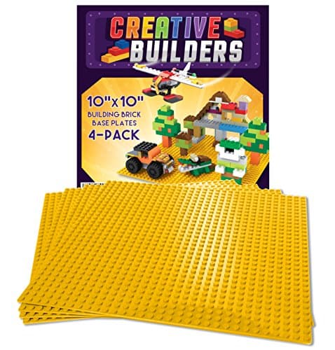Creative Builders Self Adhesive Lego Compatible Baseplates - Peel and Stick Base Plates for Kids Toy Table, 4 Pack 10X10 (Yellow)