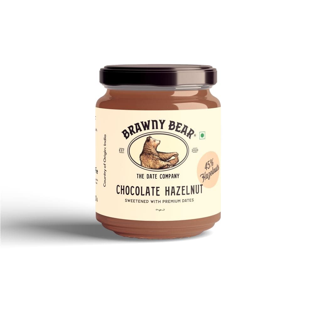 Brawny Bear Chocolate Hazelnut Spread with 45% Hazelnuts, 100% Natural Sweetened with Dates, Healthy Nut Butter with No Added Sugar, No Palm Oil, No Preservative, Vegan Spread – 200 gm