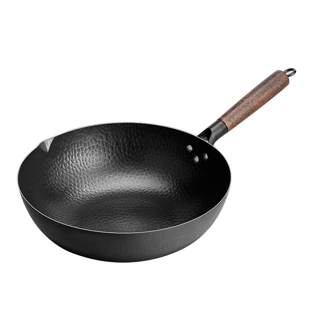 Authentic Hand Hammered Wok pan.Uncoated 12.5in flat bottom wok.Chinese iron pot Suitable for induction cooker, Electric , natural gas
