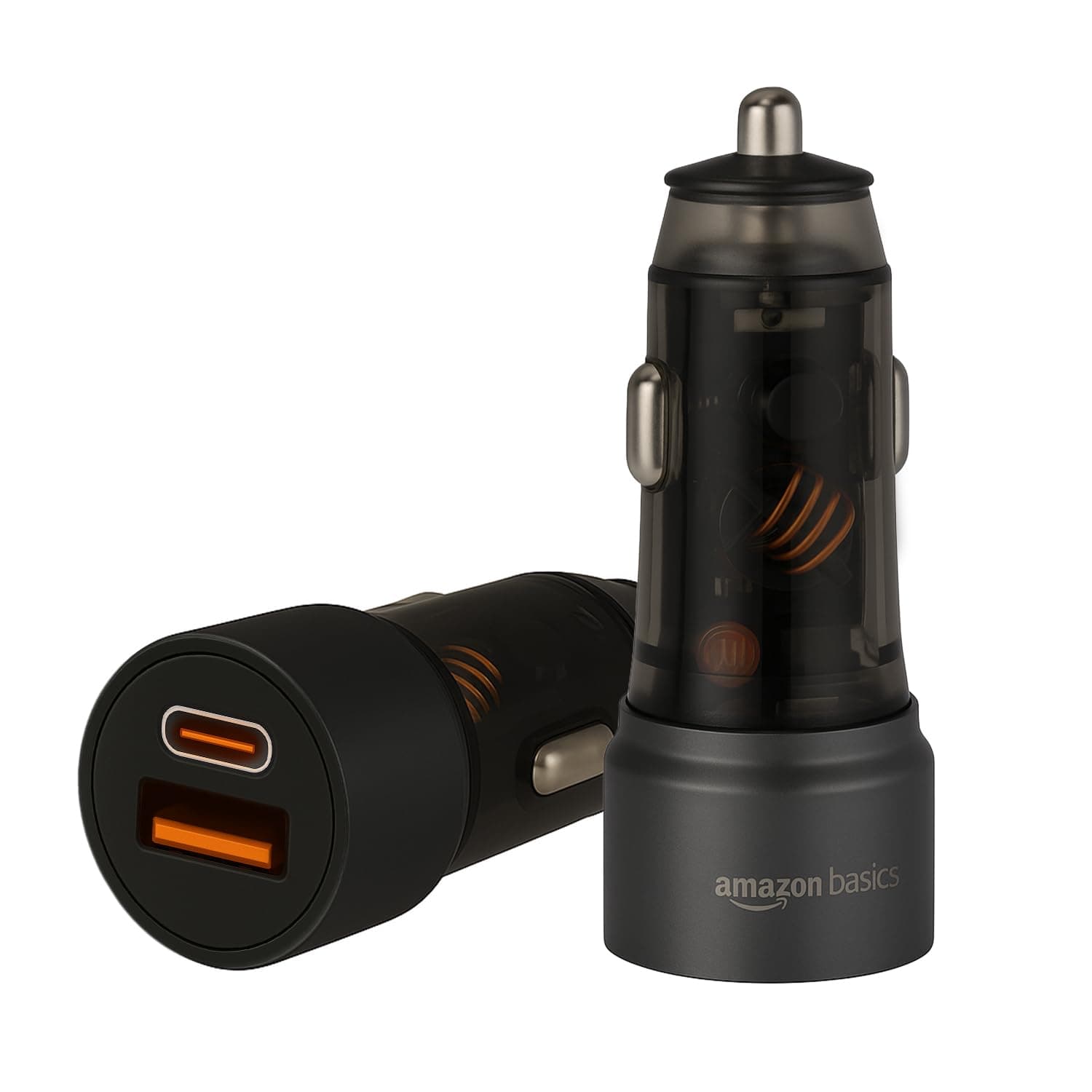Amazon Basics 52W Transparent Car Charger with Dual Output – 30W PD Type-C & 22.5W USB-A QC3.0 – Super Fast Charging for iPhone, Samsung, MacBook, iPad & More – Grey