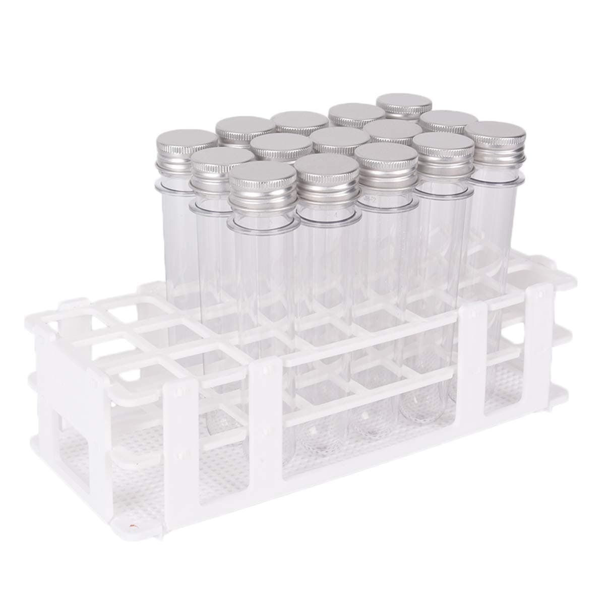 15 Pack Test Tubes with Rack - Chougui 40ml Clear Plastic Test Tube Gumball Candy Tube with Caps 25x140mm - 24 Holes Detachable Test Tube Rack Holder for 25mm Tubes