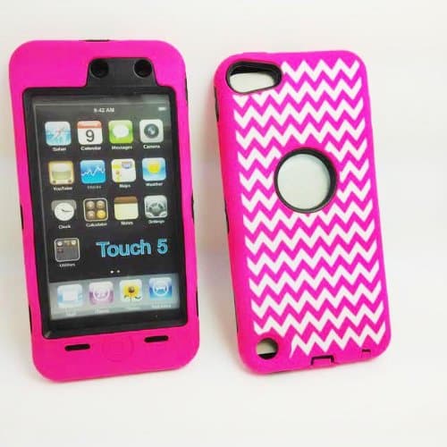 DELUXE Wave Pattern Hybrid Rubber Silicone Cover Case For iPod Touch 5 5th 5G, Wavy Line Print Hard Soft High Impact Hybrid Armor Case Combo for iPod Touch 5 5th Generation, Hybrid 3 PIECE Body Armor PROTECT CASE COVER SKIN FOR IPOD TOUCH 5 5TH. (Pink+Black)