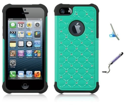 Premium New Apple Iphone 5 Studded Diamond Dual Layer Protective Case, Phone Stand, Crystal Stylus, Stand (Teal)