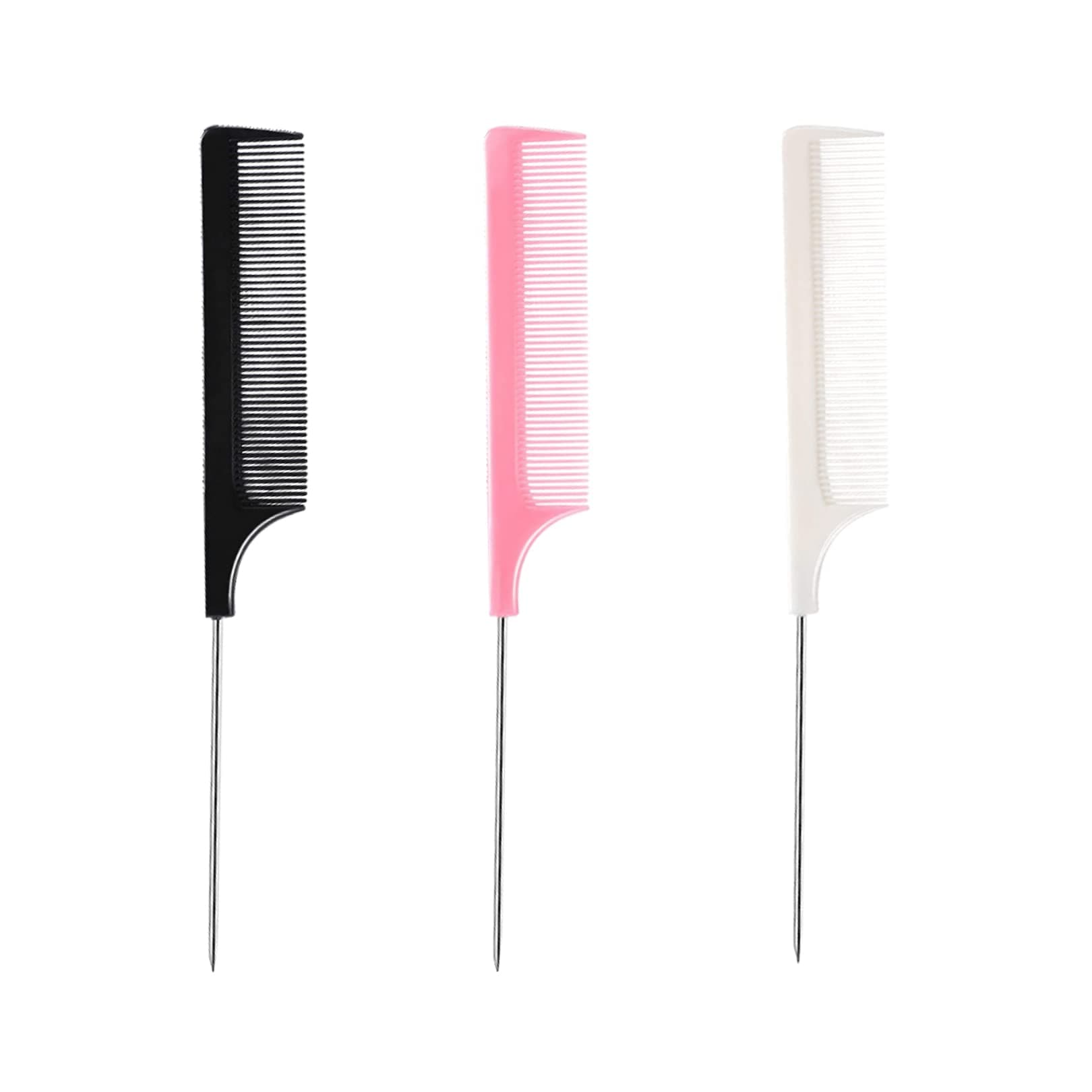 3 Pcs Tails Comb Set,Rat Tail Combs,Fiber Parting Comb,Salon Hair Comb,Pin Tail Comb,Stainless Steel Handle Comb, Anti-static Tail Comb Sectioning Comb for Styling of All Hair Types(Black,Pink,White)