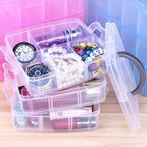 ALWAFLI Multi Utility 3 Layer Portable Plastic Makeup Cosmetic Desktop Storage Chest Drawer Cabinet Box Holder with Collapsible Partitons (18 Grid) - Color May Vary