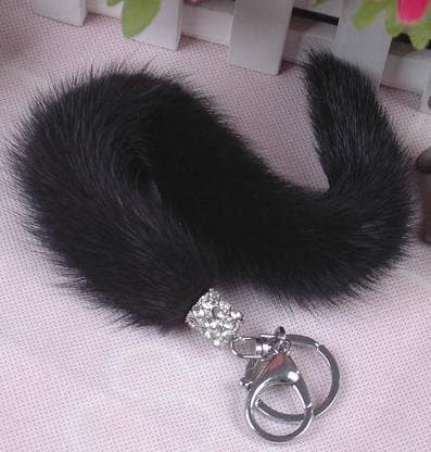 20cm Supper Smooth Soft Black Mink Tail Fur Key Chain Ring Hook Handbag Accessories