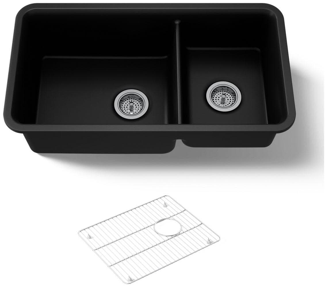 K-8204-CM1 Cairn Undermount Double Bowl Kitchen Sink with Basin Rack, Large/Medium, Matte Black