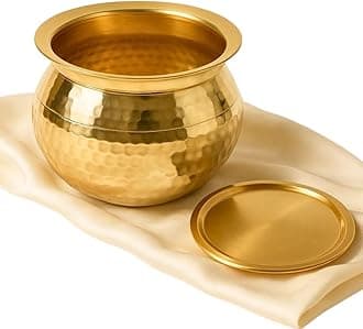 HOKOYA Pure Brass Handi with Lid (2Liters) | Traditional Pital Cooking Pot for Kitchen & Biryani | Handmade Mirror Finish Brass Utensil for Home Chefs & Gifting
