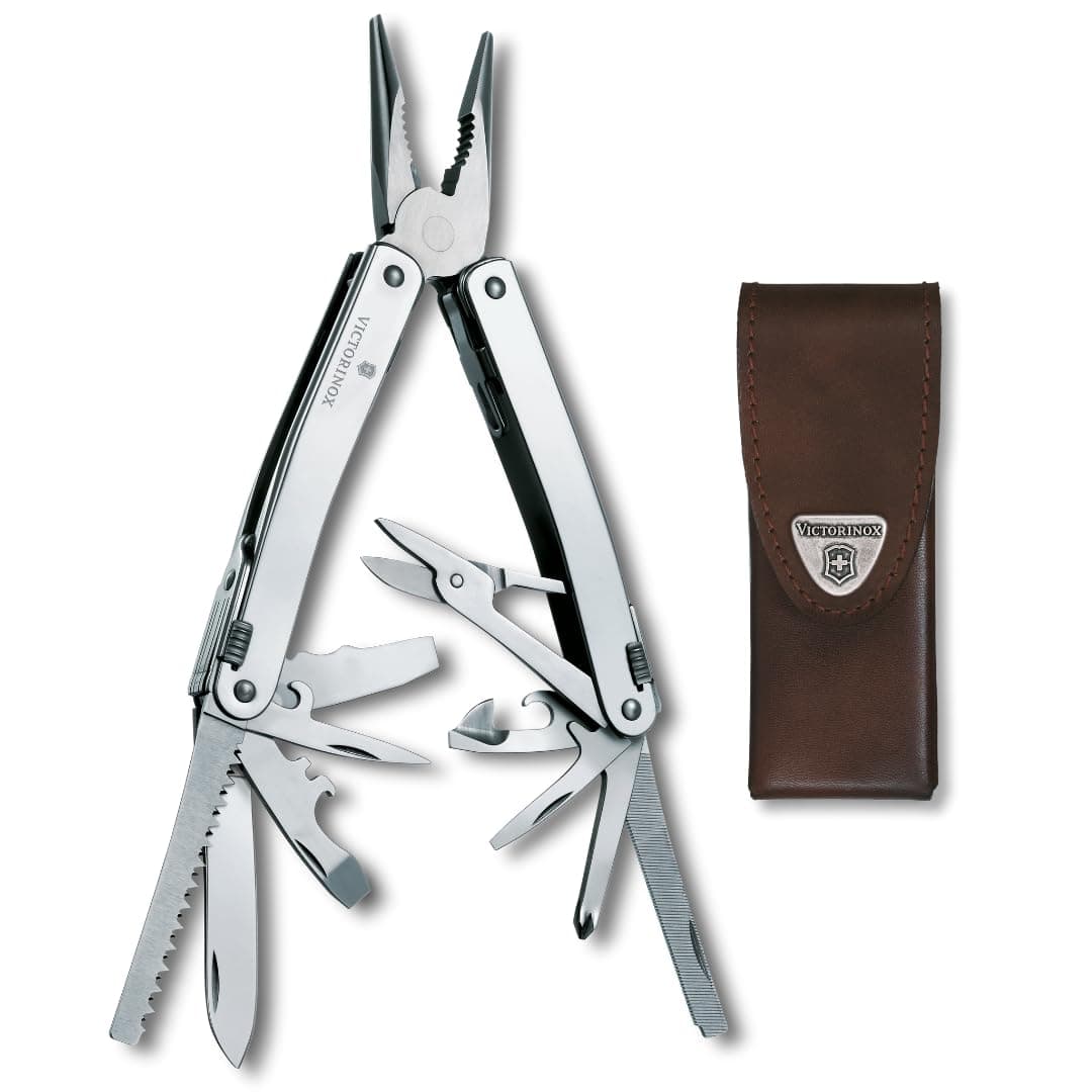 Swiss Tool Spirit X Multi Tool, 24 Function Swiss Made with Locking Blade and Long-Nosed Pliers, and Leather Pouch - Silver