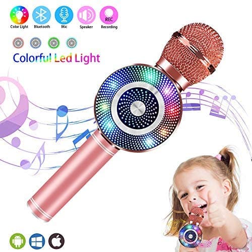 Wireless Karaoke Microphone, 4 in 1 Handheld Bluetooth Microphones Speaker Karaoke Machine with Dancing LED Lights, Home KTV Outdoor Party Music Recording Singing Playing Anytime