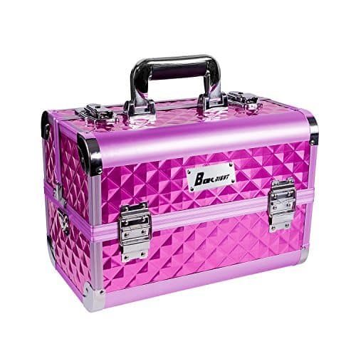 Makeup Train Case,13'' x 8.5'' x 8'' Aluminum Cosmetic Box, Professional Large Makeup Box Organizer with Shoulder Strap + Brush Holder + Mirror, Lockable Make Up Artist Organizer Kit Include 2 Keys
