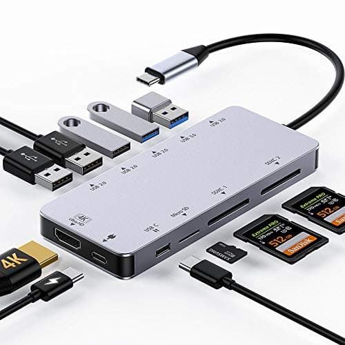 USB C Hub Adapter,11-in-1 USB C Docking Station with USB C to HDMI 4K,5 USB Ports(USB3.0/USB2.0),SD/Micro SD Card Reader for MacBook Pro 2018/2017/2016,MacBook Air 2018,Dell XPS 13 and More(Gray)
