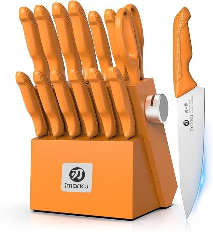 Knife Set, Sharp Block Knife Set with Built-in Sharpener, Japanese Stainless Steel with Non-Slip Ergonomic Handle, Dishwasher Safe, Kitchen Gift for Man Woman, Best For Home gift, Burnt Orange