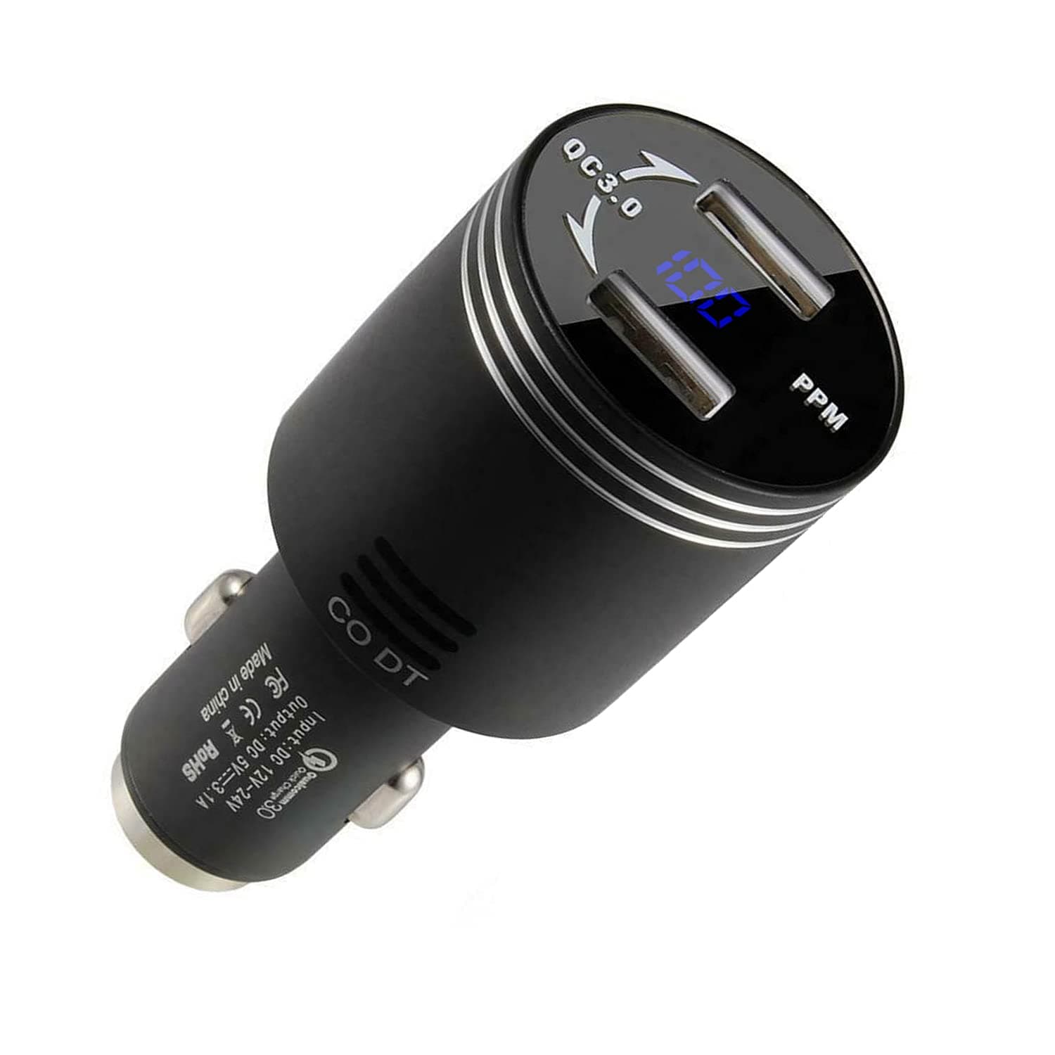 Multi-Function Car Carbon Monoxide Detector,Dual USB Car Adapter LED Display,Rapid Car Charger,Quick Charge 3.0 Adapter, Car CO Alarm Detector(Black)