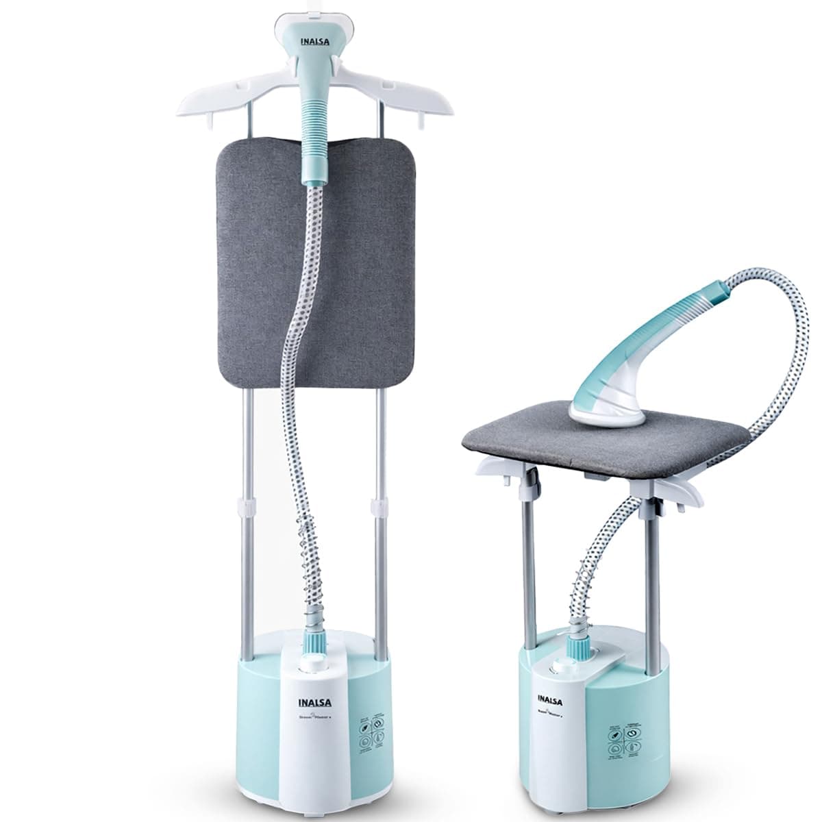 - INALSA Standing Iron Garment Steamer-2000 W|Variable Control Knob |1.7 L Detachable Water Tank|Adjustable Iron Board|Vertical & Horizontal Steaming up to 30g/min|28 sec Fast Heating-STEAM MASTER PLUS