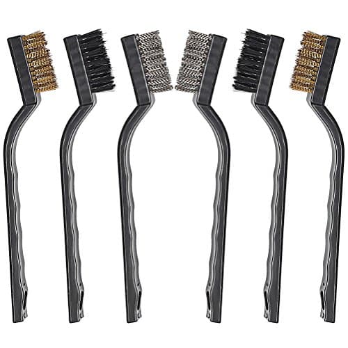 Petift 6 Pieces Mini Brass Wire Brush Set,6.7” Inch Curved Handle - Nylon, Brass, Stainless Steel – Metal Brushes for Cleaning Welding Slag and Rust & Automotive
