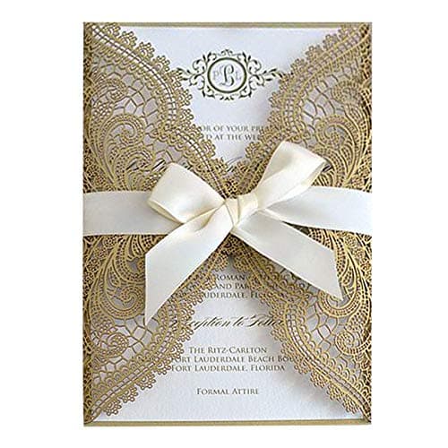 Picky Bride 1PCS Wedding Invitation Sample 5 x 7 inch Lasercut, Lace Gold Wedding Invitations with Envelopes for Wedding Party, Bridal Shower, Anniversary