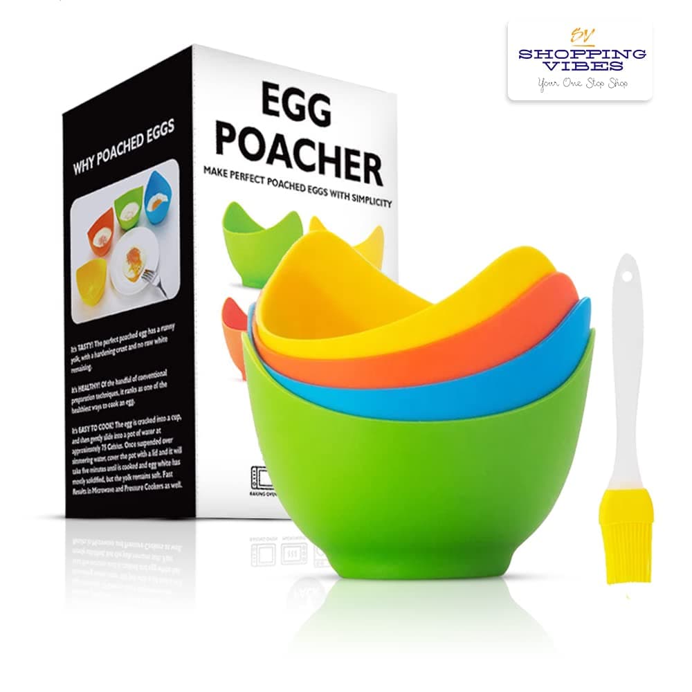 Poached Eggs Multi Color Maker Nonstick Cups (Pack of 4) Boiler Mold Kitchen Gadgets Premium Silicon BPA Free Poached Eggs Cooker Pans Boiler Steamer Microwave Egg Poacher Free Oil Brush