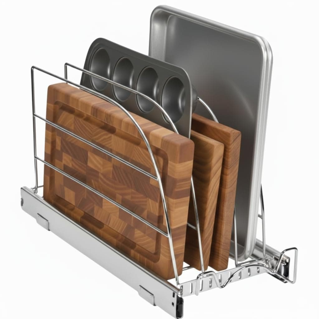 HOLDN’ STORAGE Pull Out Organizer for Bakeware, Cutting Board and Trays, Adjustable Dividers - Heavy Duty, Lifetime Limited Warranty - For Narrow Cabinet Spaces, 8.5”W x 21”D x 11”H, Chrome