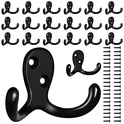 20 Pack Coat Hooks Wall Hooks for Hanging, Heavy Duty Double Prong Metal Hook Wall Mounted for Living Room, Bathroom, Kitchen, Bedroom for Coat, Bag, Scarf, Towel, Hat, Key, Cup (Black)