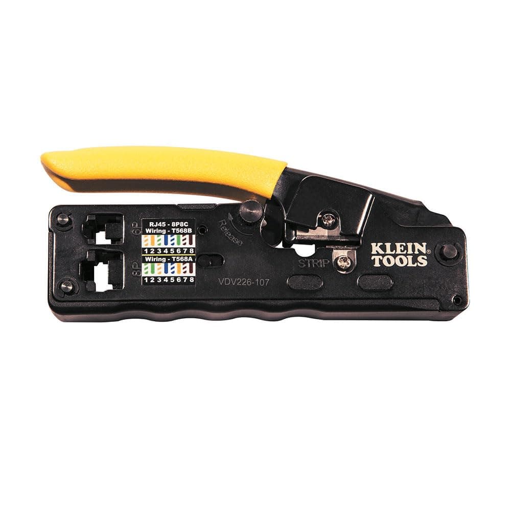 Klein Tools VDV226-107 Compact Ratcheting Modular Data Cable Crimper/Wire Stripper/Wire Cutter, CAT6, CAT5, CAT3, Flat-Satin Voice Cable