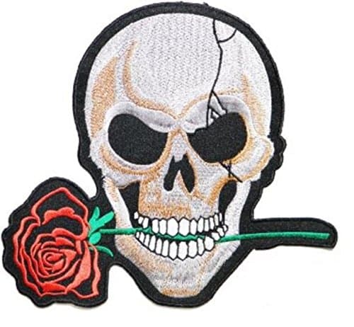 Cool!! Punk Large Size 9.75" x 9" Red Rose Skull Skeleton Bone Head Ghost Cloth Attached Adhesive Iron On/sew on Large Size Patch Embroidered Biker Jacket Vest Matorcycle