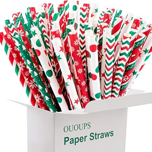 Biodegradable Paper Straws - 100-Pack, 7.75 Inches, Stripe, Red, Green, Dot, Bulk, Snow, Christmas & Thanksgiving
