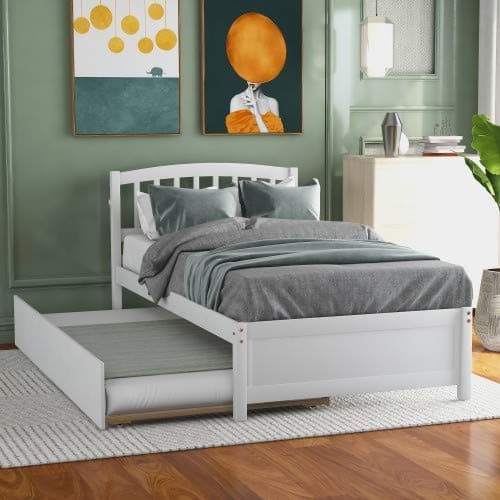 Mera Twin Size Platform Bed with Trundle (White1)
