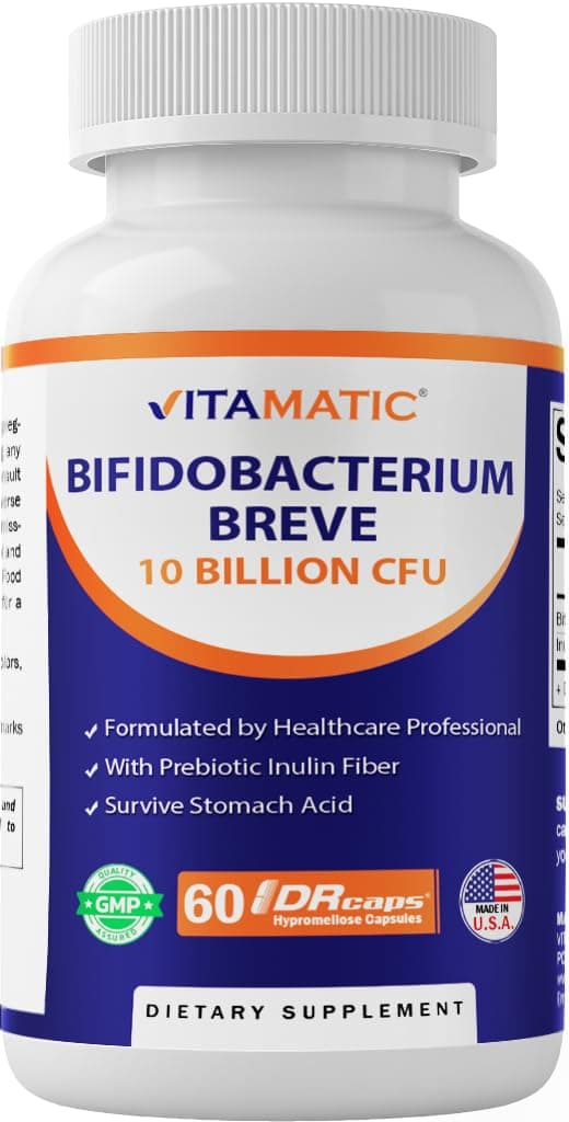 Vitamatic Bifidobacterium Breve - 10B per DR Capsule - 60 Count - Digestive Support - Made with Prebiotic Inulin Fiber
