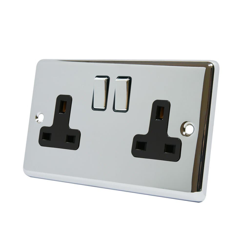 Wall Socket 2 Gang - Polished Chrome Classic - Black Insert - Metal Rocker Switch - 13A Double Plug Socket