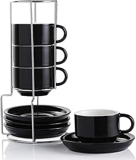 Sweejar Home Porcelain Cappuccino Cups with Saucers and Metal Stand,Stackable Espresso Cups for Specialty Coffee Drinks, Latte, Americano, Tea - Set of 4 (Black, 120ml)