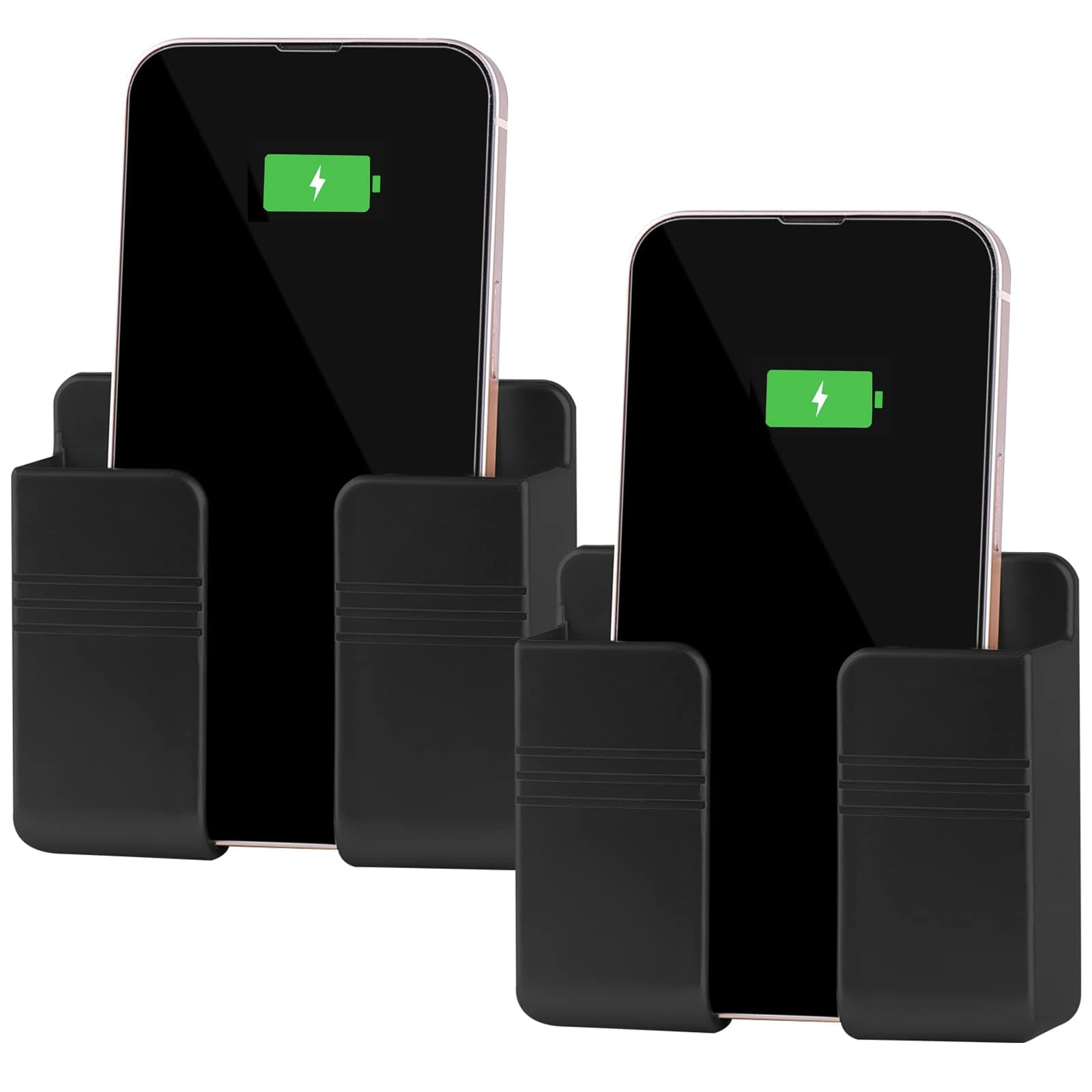 CEI&BPY Wall Mount Phone Holder, Phone Stand with Data Cable Recording Hole/Self-Adhesive.Phone Holder for Shower/Charging Compatible with iPhone and Android (2 Pack, Black)