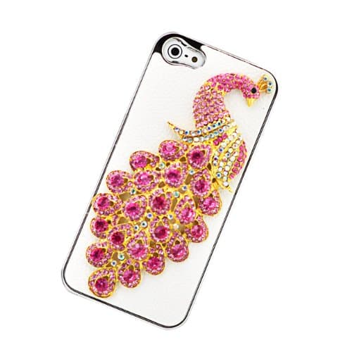 RIGHTWAY 3d peacock design with rhinston protector cases for iphone 5 + Free 1Pc Clear Screen Protector Film and 1x Stylus pink