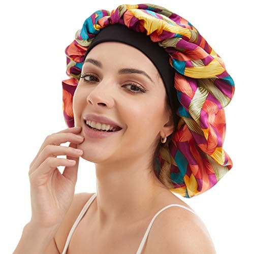 Large Satin Sleep Cap Silk Elastic Night Sleeping Hat Bonnet Nightcap Head Cover with Comfortable Wide Band for Women (TW-1)