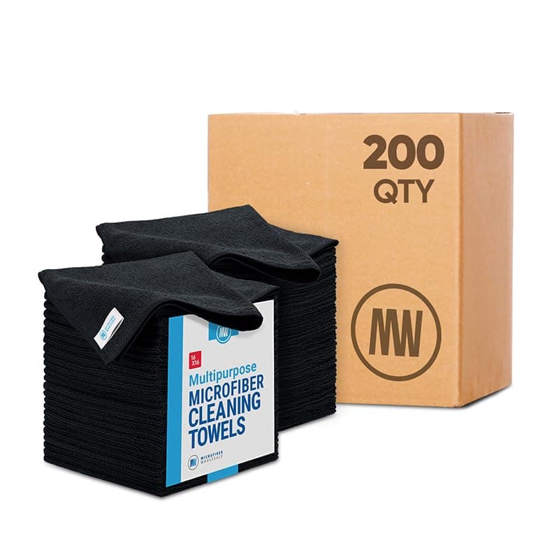Bulk 16" x 16" All Purpose Microfiber Towels Wholesale - Case Quantity (200 Count) | Large | No Fraying | High Density Microfiber | Zero Chemical Cleaner | Long-Lasting (Black)