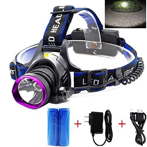 LED Headlamp, Waterproof Rechargeable Head Lamp Headlight Flashlight with 2×18650 Batteries USB Cable Plug Charger for Hunting Hiking Camping Fishing Reading Running Cycling (D-08)