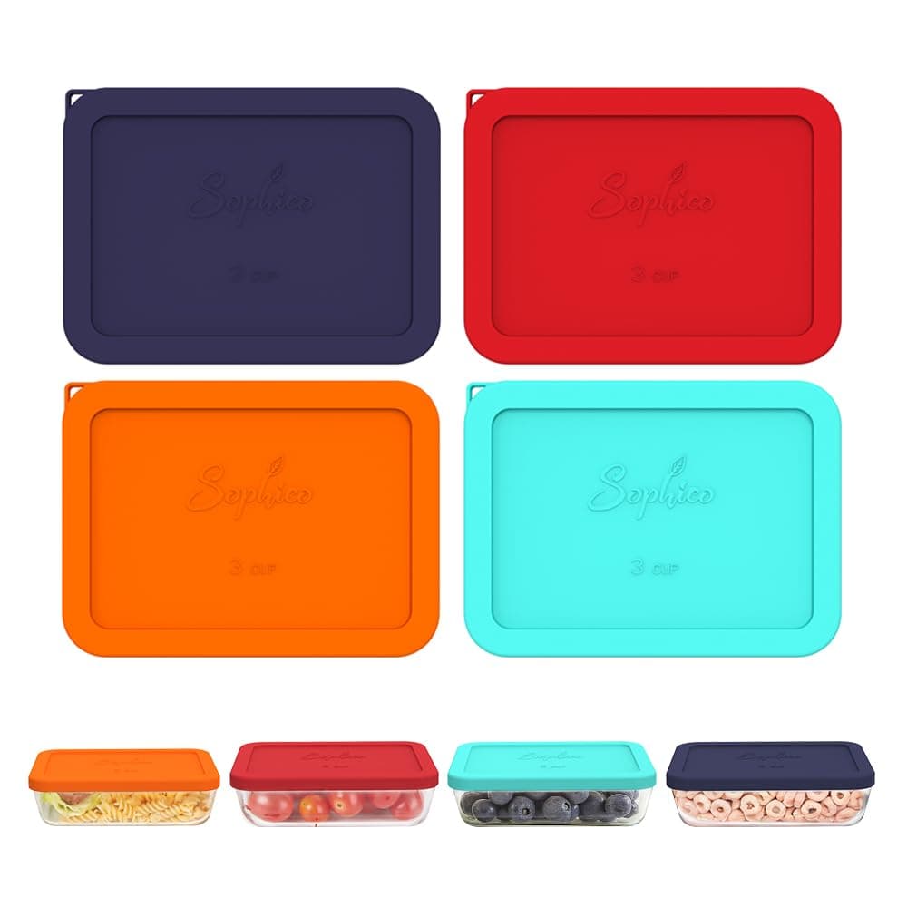Sophico 3 Cup Rectangle Silicone Storage Cover Lids Replacement for Pyrex 7210-PC Glass Bowls, Container not Included (MIX, 4 Pack)