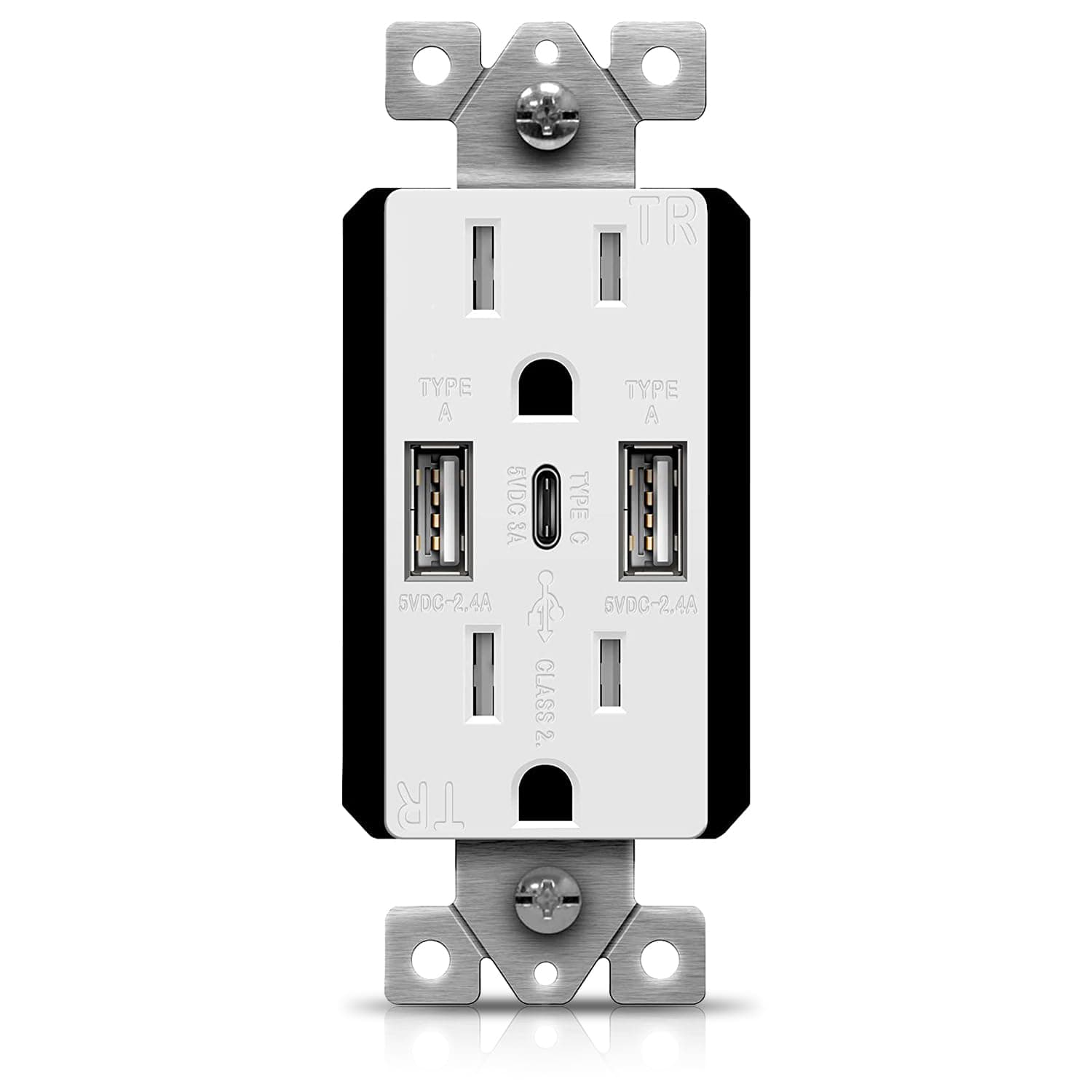 TOPGREENER USB OUTLET, 5.8A 3-Port Type C Wall 15 Amp Tamper-Resistant Receptacle Plug, Compatible with iPhone 15 Series & More, UL Listed, TU21558AC3-2PCS, White, 2 Pack