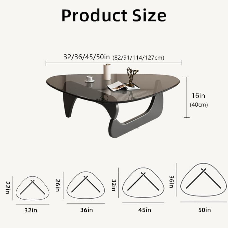 Triangle Coffee Table Modern Noguchi End Table, Solid Wood Base and 8mm Thick Tempered Glass Top Accent for Living Room Office Hotel Patio (Natural Wood Legs + Gray Glass, 36 * 26 * 16)