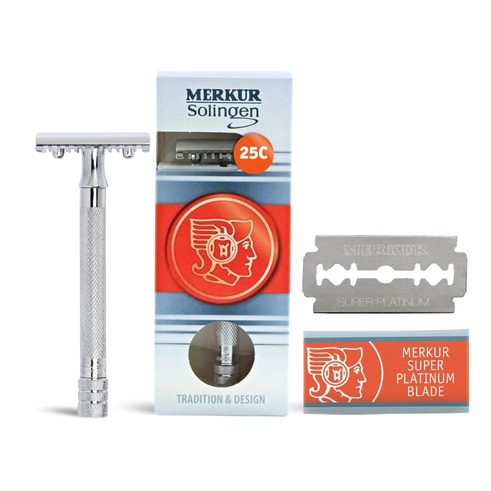 MERKUR 25C Double Edge Safety Razor in Bright Chrome with an Open Comb Design, Long Handle, Made in Germany, Plastic-Free, Three-Piece Design, and Straight Bar