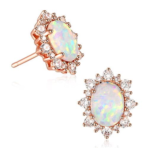 Pure Li Opal Stud Earrings, 8mm Oval Shape White Gold and Rose Gold Women Earrings for Sensitive Ears