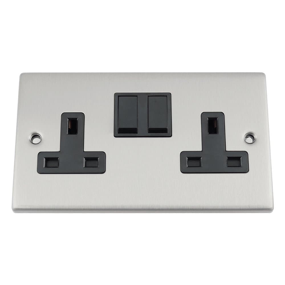Socket 2 Gang - Satin Matt Chrome - Square - Black Insert Plastic Switch - 13A Double Wall Plug Socket
