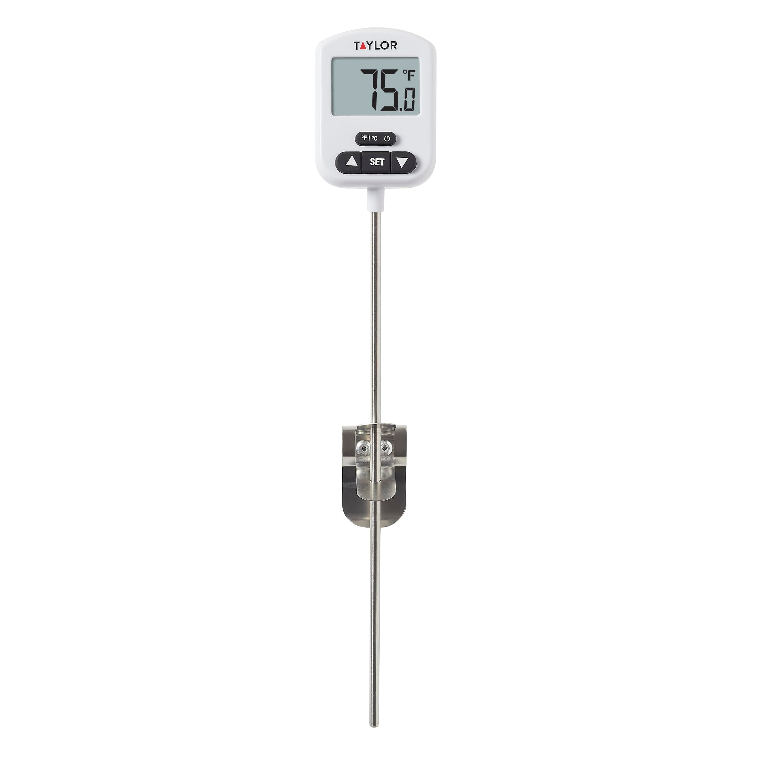 Taylor Programmable Digital Candy and Deep Fry Thermometer with Green Light Alert Display, Long Stem, and Adjustable Pan Clip, White