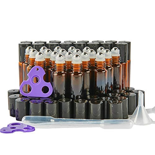 Amber Roll on Bottles for Essential Oils 10 ml 36 Pack Glass Roller Bottles Set (2 Dropper, 2 Bottle Opener, 2 Funnel) Simiao