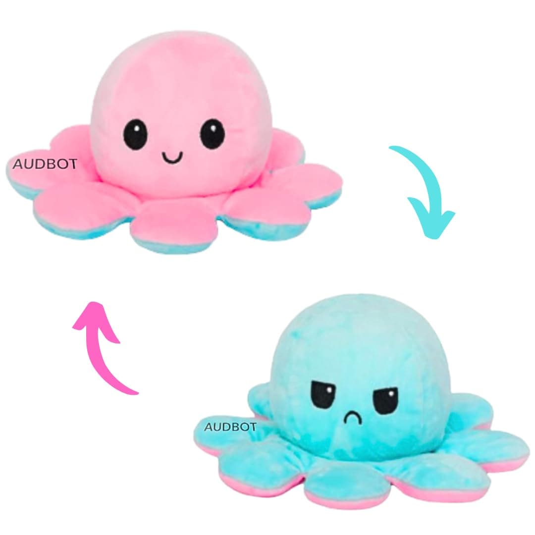 AUDBOT Octopus Plush Toy – Double-Sided Mood Expression Stuffed Animal | Cute Flip Plushie for Kids & Babies, Medium Size (20CM, Pink/SkyBlue)