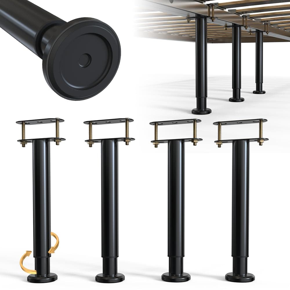 4-Piece Adjustable Height Bed Support Legs, Extra Sturdy Steel with Wider Rubber Base,King, Queen (10"-16.5")