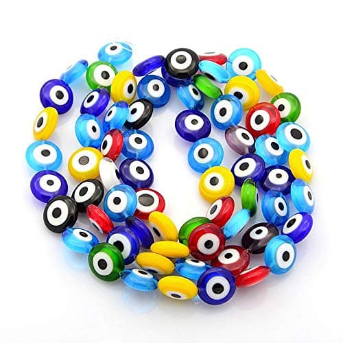 Handmade Evil Eye Lampwork Glass Bead Strands, Flat Round, Mixed Color, 12mm, 1mm Hole for Jewelry Making
